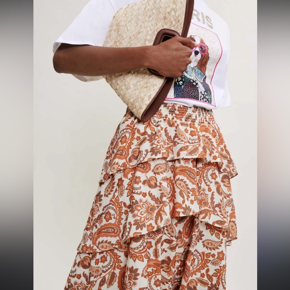 NWOT Maje paisley Orange and Cream printed cotton High Low stretchy Skirt as is - Picture 7 of 16